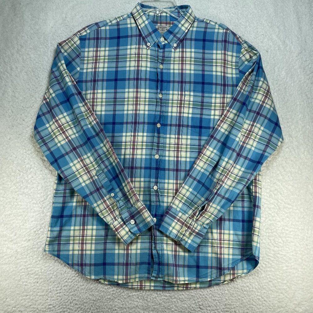 J Crew Shirt Mens Size XL Blue Summer Weight Plaid Cotton Button Down Collar